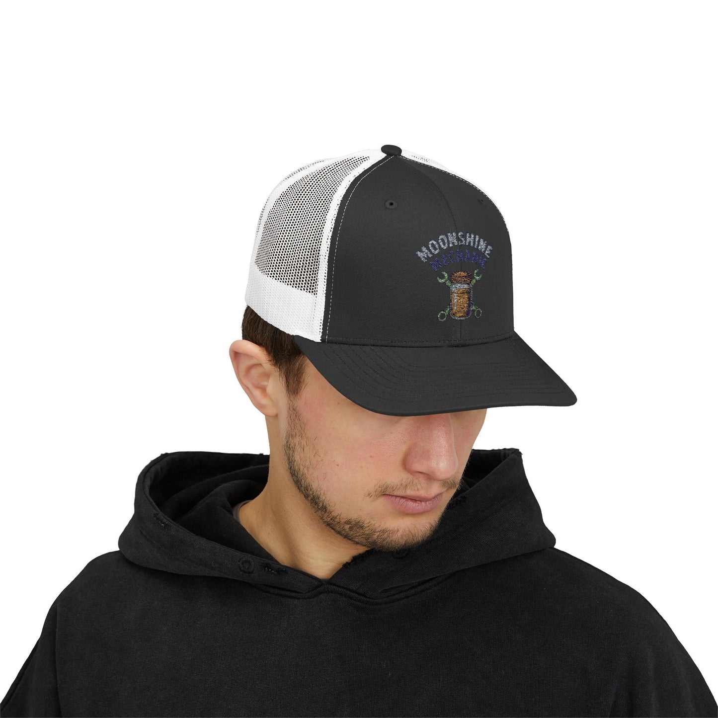 Moonshine Mechanic Trucker Cap – Fixing Problems One Jar at a Time