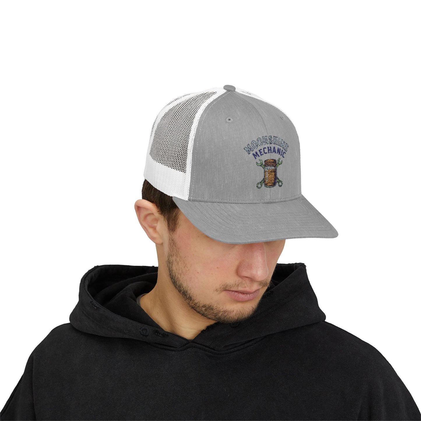 Moonshine Mechanic Trucker Cap – Fixing Problems One Jar at a Time