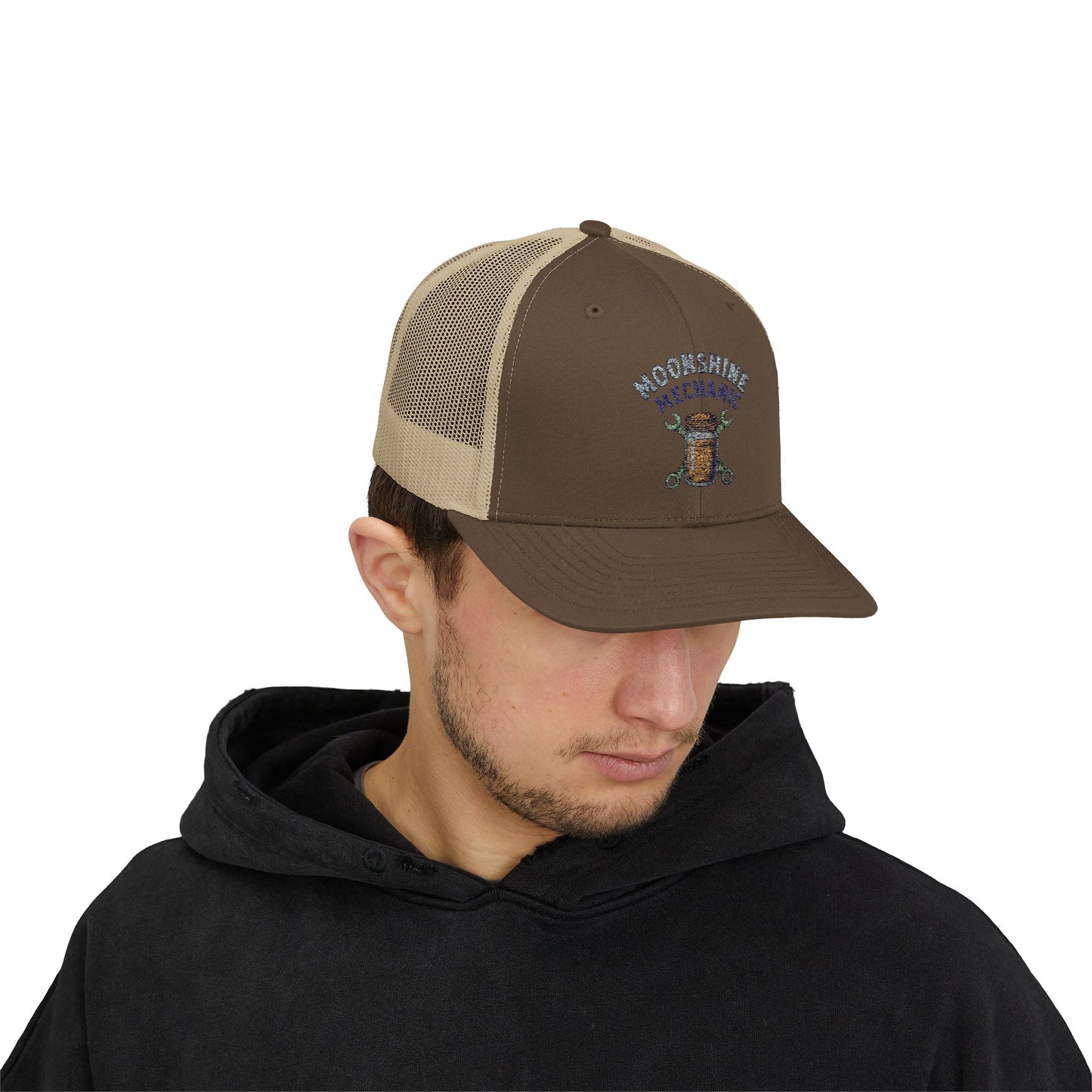 Moonshine Mechanic Trucker Cap – Fixing Problems One Jar at a Time