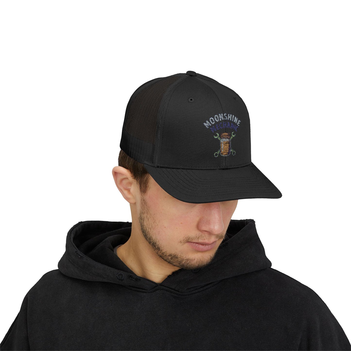 Moonshine Mechanic Trucker Cap – Fixing Problems One Jar at a Time