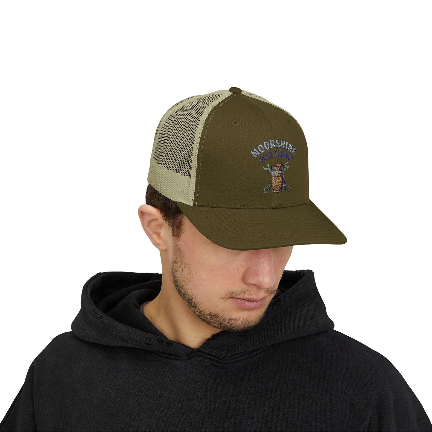 Moonshine Mechanic Trucker Cap – Fixing Problems One Jar at a Time
