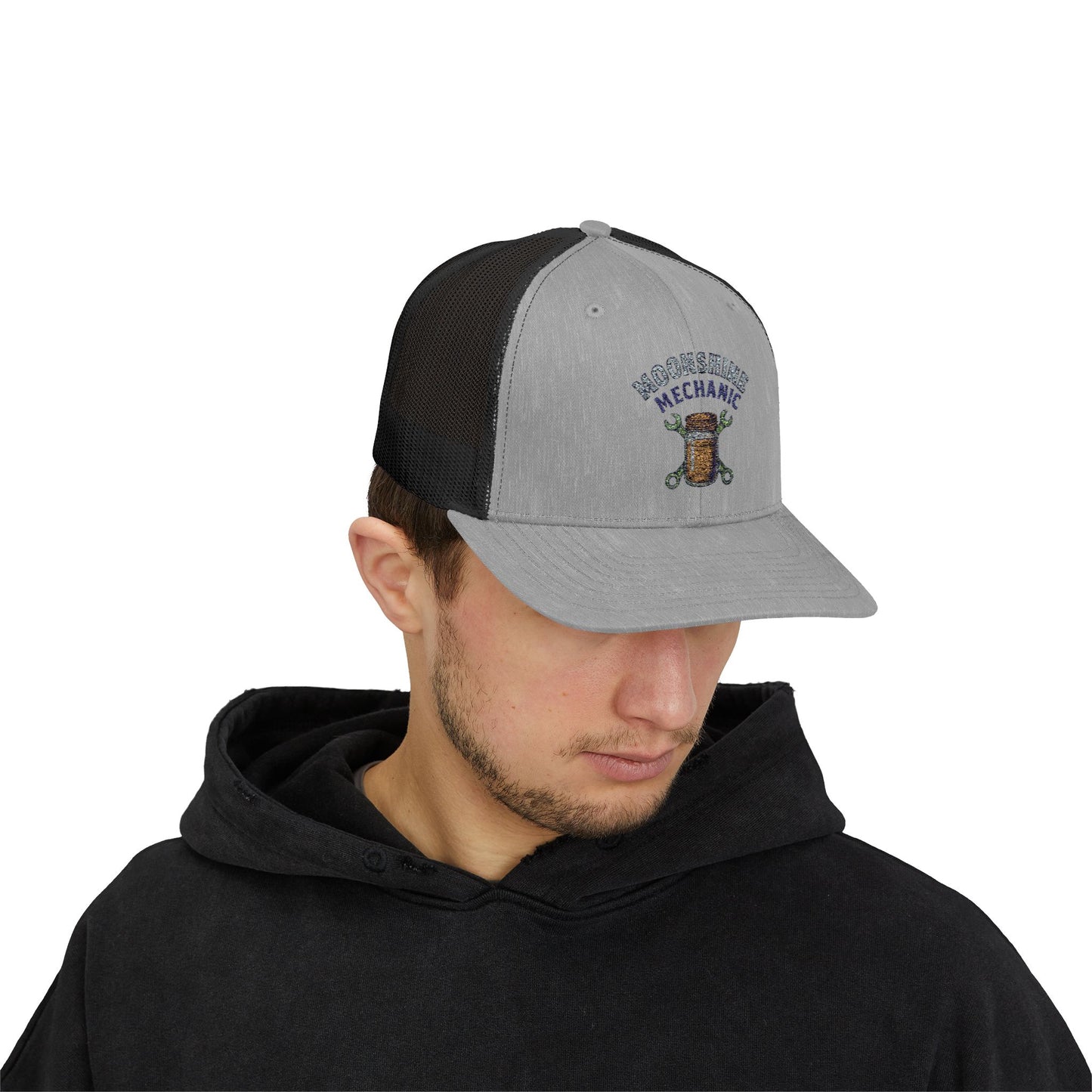 Moonshine Mechanic Trucker Cap – Fixing Problems One Jar at a Time