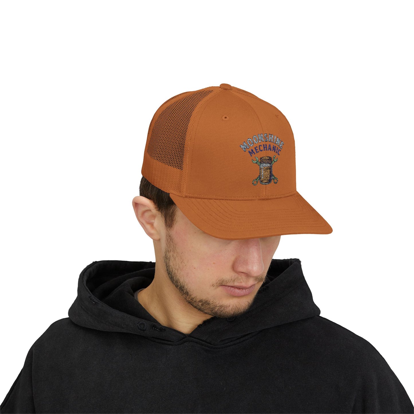 Moonshine Mechanic Trucker Cap – Fixing Problems One Jar at a Time